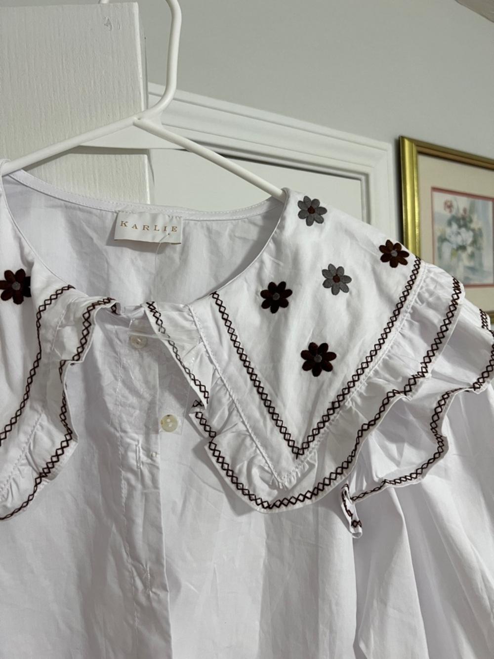 Karlie White Embroidered Bib Collar Blouse with Brown Trim - Picture 3 of 5